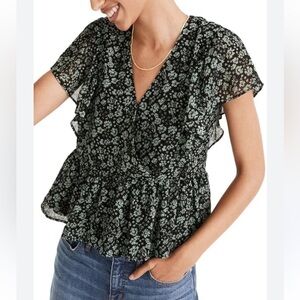 Madewell Fleur Field Georgette Ruffle Sleeve V-neck Green Floral Peplum Blouse L